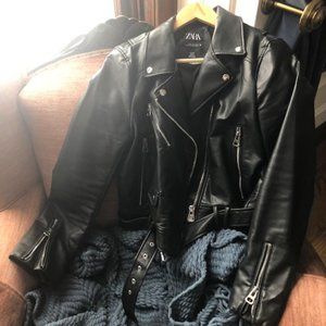 Zara Faux Vegan Leather Moto Biker Jacket Black L